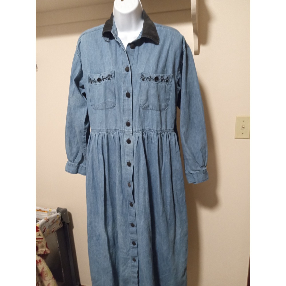 CAPACITY Denim Corduroy Collar Dress Button Front Embroidered Pockets Women's M
